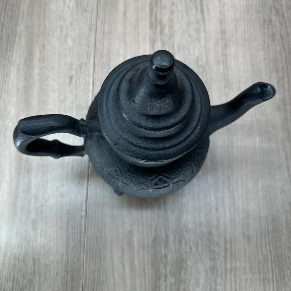 Vintage Ornate Cast Iron Moroccan Teapot w/ Lid Textured Matte Black